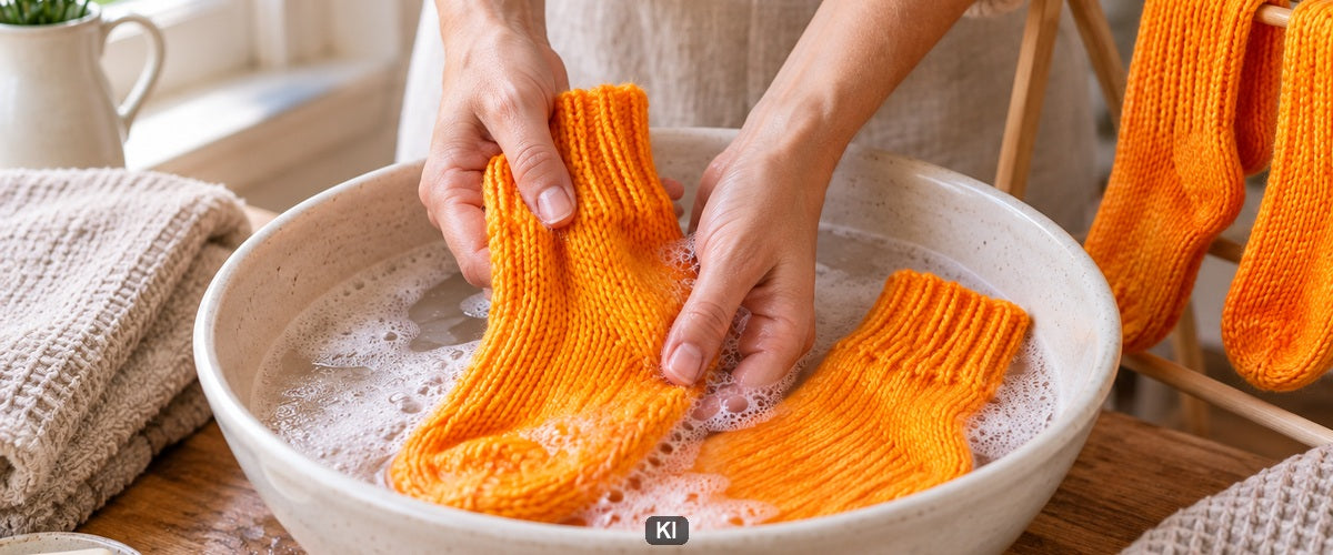 Selbst gestrickte Socken waschen und trocknen