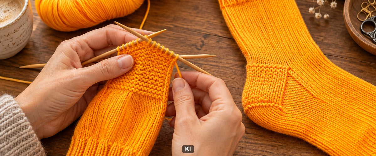 Käppchenferse stricken: vom Fersenblatt zum Fuß